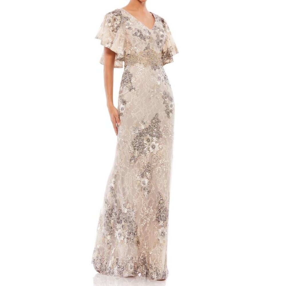 Mac Duggal Gown Dress Size 8 Floral‎ Embellished Beaded Bell Sleeve 67842 $698